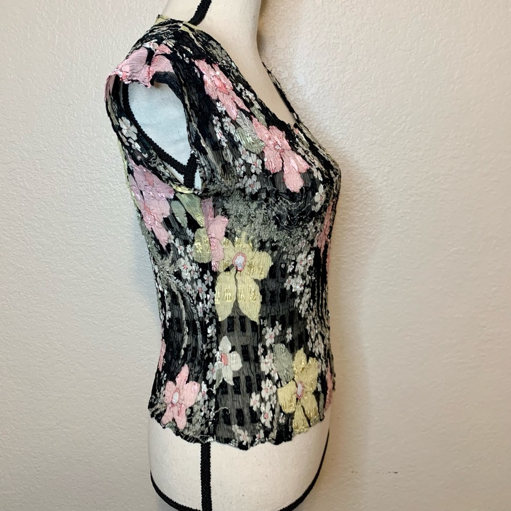 Alberto Makali Floral Semi-Sheer Top Short Sleeves Sequins Details Black Medium - Picture 11 of 14